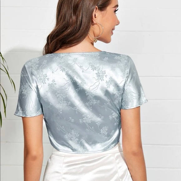 Tie front floral jacquard satin top - Picture 2 of 3